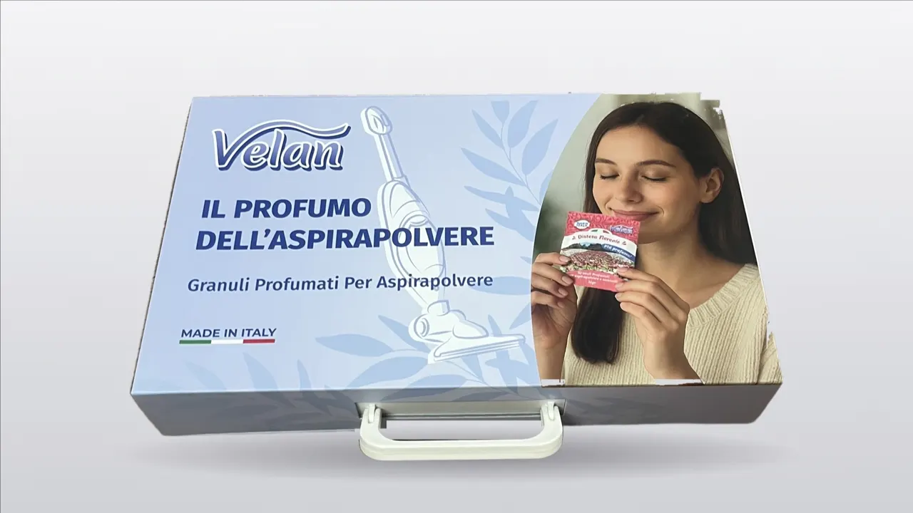 La couvette Velan chiusa: valigetta con maniglia e grafica del marchio