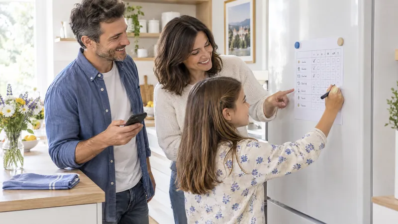 Una famiglia in cucina: la bambina spunta il suo compito sulla tabella delle pulizie attaccata al frigo