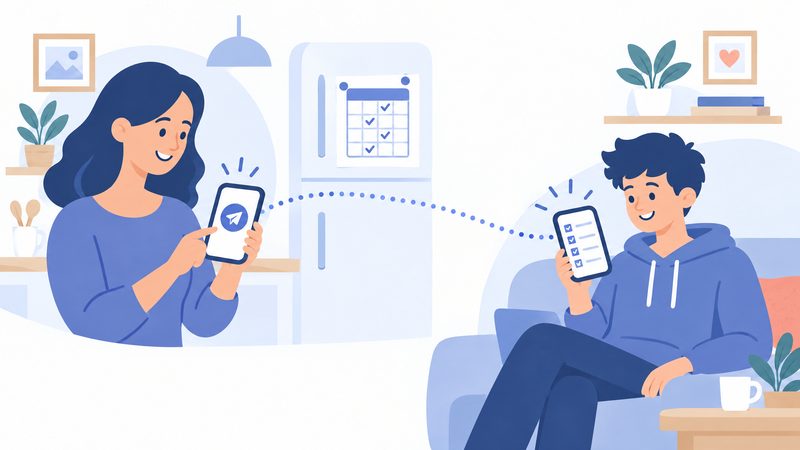 Illustrazione: la madre manda il planner, il figlio lo riceve sul telefono