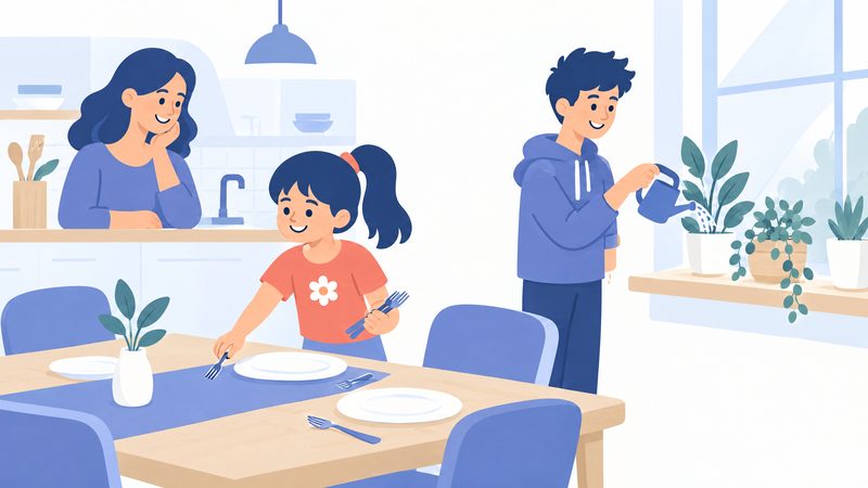 Illustrazione: una bambina apparecchia, un bambino innaffia le piante, la mamma li guarda
