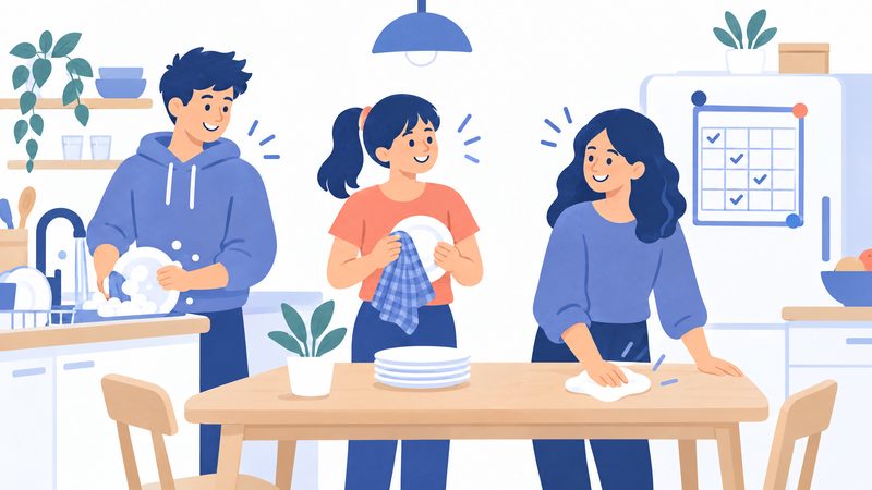 Illustrazione: tre coinquilini riordinano la cucina insieme dopo cena