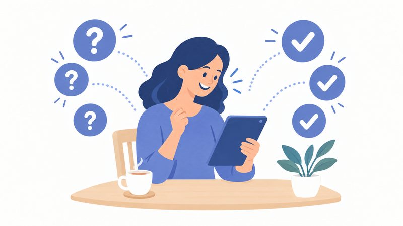 Illustrazione: i dubbi diventano risposte, una donna legge sul tablet