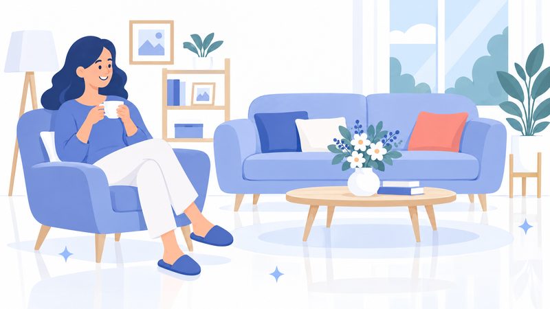 Illustrazione: una donna si gode il caffè nel soggiorno pulito e in ordine