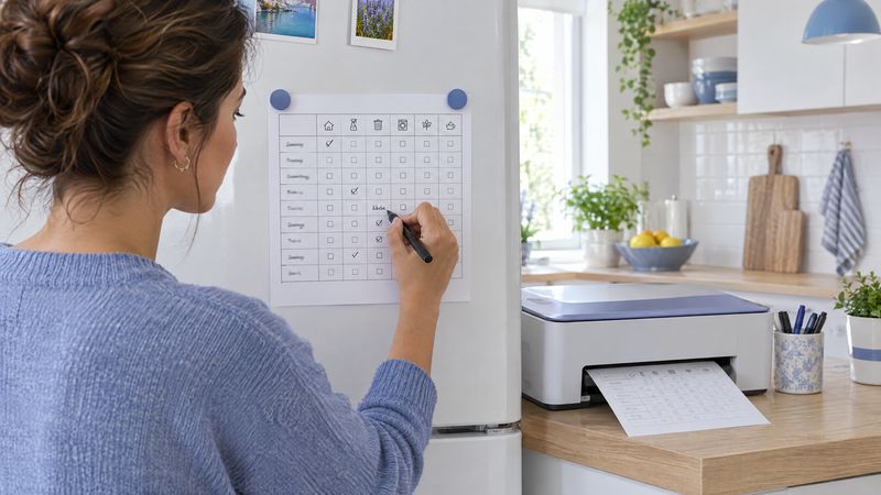 La tabella delle pulizie stampata sul frigo: una mano scrive un nome nella casella