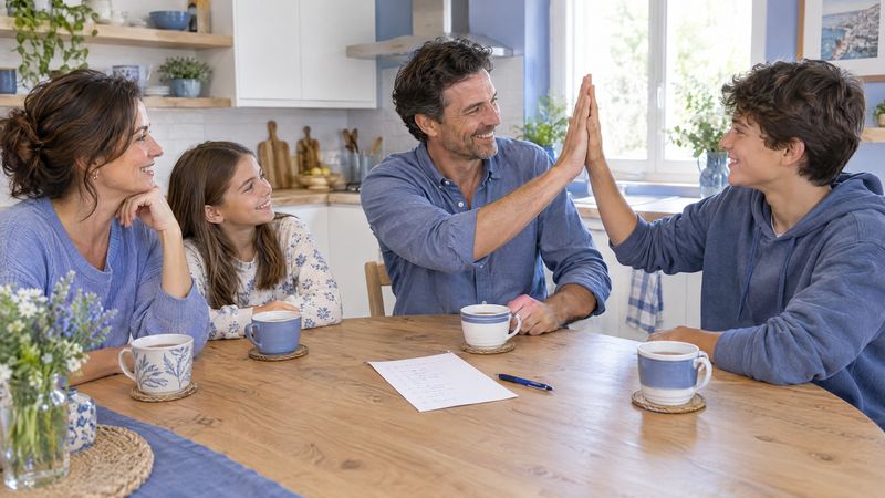 Una famiglia intorno al tavolo si mette d'accordo sulle regole della casa