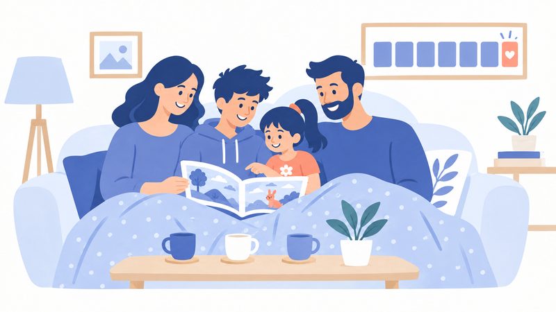 Illustrazione: la domenica di riposo in famiglia sul divano