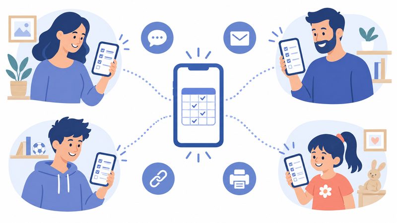 Illustrazione: il planner parte da un telefono e arriva ai telefoni di tutta la famiglia
